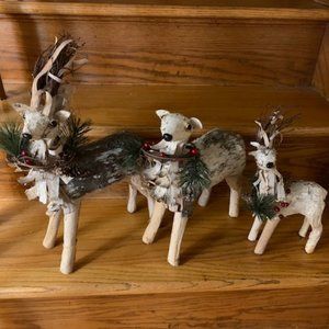 Rustic Folk Art Style Birch Bark Covered Reindeer Family - Woodsy Reindeer Trio